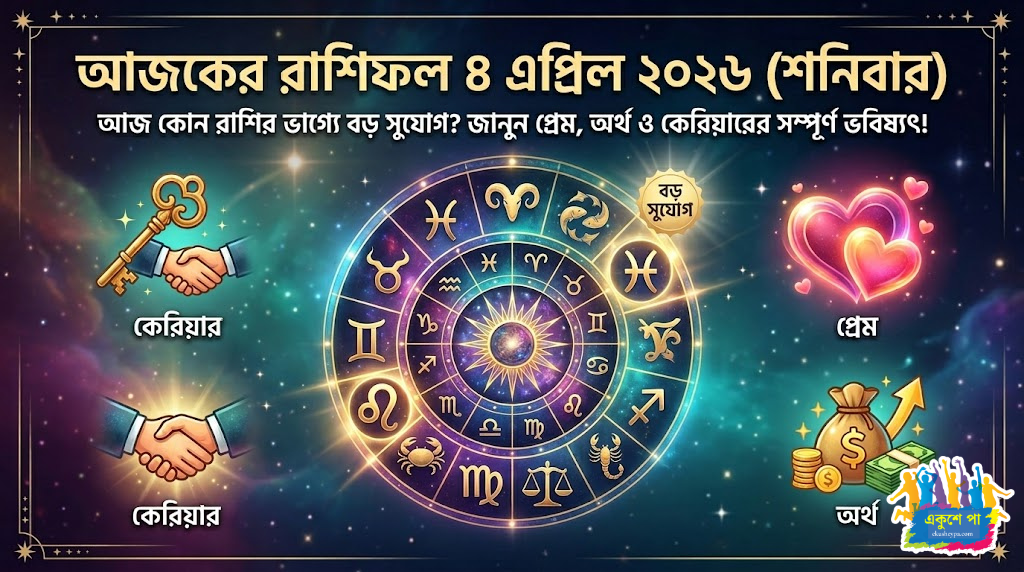 আজকের রাশিফল ৪ এপ্রিল ২০২৬ (শনিবার): আজ কোন রাশির ভাগ্যে বড় সুযোগ? জানুন প্রেম, অর্থ ও কেরিয়ারের সম্পূর্ণ ভবিষ্যৎ! Ajker Rashiphol