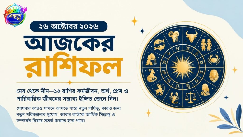 ২৬ অক্টোবর ২০২৬-এর আজকের রাশিফলে মেষ থেকে মীন—১২ রাশির কর্মজীবন, অর্থ, প্রেম ও পারিবারিক জীবনের সম্ভাব্য ইঙ্গিত জেনে নিন। সোমবার কারও সামনে আসতে পারে নতুন দায়িত্ব, কারও জন্য নতুন পরিকল্পনার সুযোগ, আবার কাউকে আর্থিক সিদ্ধান্ত ও সম্পর্কের বিষয়ে সতর্ক থাকতে হতে পারে।