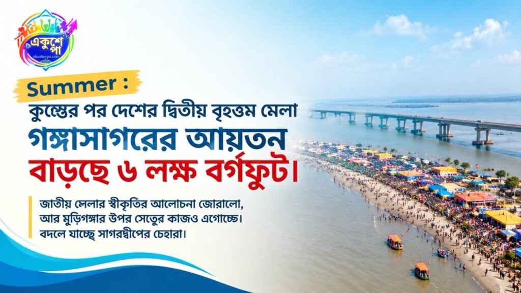 গঙ্গাসাগর হচ্ছে জাতীয় মেলা? ৬ লক্ষ বর্গফুট বাড়ছে আয়তন, মুড়িগঙ্গা সেতুর কাজেও গতি কুম্ভের পর দেশের দ্বিতীয় বৃহত্তম হিন্দু মেলা গঙ্গাসাগর এবার নতুন চেহারায় ধরা দিতে চলেছে। খবর অনুযায়ী, মেলাপ্রাঙ্গণের আয়তন বাড়ছে প্রায় ৬ লক্ষ বর্গফুট। সঙ্গে জোরালো হচ্ছে জাতীয় মেলার স্বীকৃতির প্রসঙ্গও। প্রতি বছর মকর সংক্রান্তিতে বঙ্গোপসাগর ও গঙ্গার মোহনায় পুণ্যস্নানে আসেন লক্ষ লক্ষ তীর্থযাত্রী। গত কয়েক বছরে সংখ্যাটা প্রায় এক কোটির কাছাকাছি পৌঁছেছে। ভিড়ের এই চাপ সামলাতে বাড়তি জায়গা তাই সময়ের দাবি। এই বিস্তারের পাশাপাশি আলোচনার কেন্দ্রে আছে মুড়িগঙ্গা নদীর উপর নির্মীয়মাণ গঙ্গাসাগর সেতু। বছরের পর বছর যে নদী সাগরদ্বীপকে মূল ভূখণ্ড থেকে বিচ্ছিন্ন রেখেছে, সেই বাধা ঘোচার পথে রাজ্য অনেকটাই এগিয়েছে বলে দাবি। প্রশ্ন একটাই: মেলার পরিকাঠামো আর যোগাযোগ, দুটোই কি একসঙ্গে বদলে দিতে পারবে সাগরের ছবি? বড় হচ্ছে মেলাপ্রাঙ্গণ: ভিড় সামলানোর নতুন পরিকল্পনা ৬ লক্ষ বর্গফুট বাড়তি জায়গার অর্থ শুধু বিস্তৃত চত্বর নয়। এতে তীর্থযাত্রীদের থাকার ছাউনি, স্বাস্থ্য শিবির, দমকল কেন্দ্র, নিরাপত্তা চৌকি ও প্রবেশ-প্রস্থানের পথ আরও গুছিয়ে সাজানোর সুযোগ তৈরি হয়। গত মেলায় অস্থায়ী হাসপাতাল, এয়ার ও ওয়াটার অ্যাম্বুলেন্স, বিমা এবং কুয়াশা মোকাবিলায় ফগ লাইটের মতো ব্যবস্থা ছিল। বাড়তি জায়গায় এসব আয়োজন আরও সুসংহত করা যাবে, আর হুড়োহুড়ির ঝুঁকিও কমবে। Search Text: Gangasagar Mela pilgrims crowd Sagar Island Makar Sankranti Bengali Caption: মকর সংক্রান্তিতে গঙ্গাসাগরে পুণ্যস্নানের অপেক্ষায় তীর্থযাত্রীদের ভিড়। Bengali Alt Text: সাগরদ্বীপে গঙ্গাসাগর মেলায় জড়ো হওয়া তীর্থযাত্রীদের ছবি জাতীয় মেলার স্বীকৃতি: কেন উঠছে দাবি? গঙ্গাসাগর এমন এক তীর্থ, যেখানে পৌঁছতে নদী পেরোতেই হয়। সারা দেশের মধ্যে এমন পুণ্যক্ষেত্র বিরল। দাবিদারদের যুক্তি, এই অনন্য ঐতিহ্য, বিপুল জনসমাগম এবং বিশাল প্রশাসনিক আয়োজন জাতীয় স্বীকৃতির দাবি রাখে। জাতীয় মেলার মর্যাদা মিললে প্রচার, পর্যটন এবং পরিকাঠামো উন্নয়নে বাড়তি মনোযোগ আসার সম্ভাবনা থাকে। তবে আনুষ্ঠানিক ঘোষণা ও তার শর্তাবলি সরকারি বিজ্ঞপ্তি দেখেই নিশ্চিত হওয়া উচিত। Search Text: Kapil Muni Ashram Gangasagar temple Sagar Island Bengali Caption: সাগরদ্বীপের কপিল মুনির আশ্রম, গঙ্গাসাগর মেলার প্রাণকেন্দ্র। Bengali Alt Text: গঙ্গাসাগরে কপিল মুনির মন্দির ও আশ্রম প্রাঙ্গণ মুড়িগঙ্গা সেতু: স্বপ্নপূরণের পথে ২০২৬-এর জানুয়ারিতে শিলান্যাস হয় চার লেনের গঙ্গাসাগর সেতুর। কাকদ্বীপ ও কচুবেড়িয়াকে জুড়বে এই সেতু। নির্মাণ হচ্ছে এক্সট্রাডোজড কেবল-স্টেড কাঠামোয়, আনুমানিক ব্যয় ১,৫০০ থেকে ১,৬৭০ কোটি টাকার মধ্যে। এখন ভরসা ভেসেলে। কুয়াশা বা জোয়ার-ভাটায় পরিষেবা ব্যাহত হলে আটকে পড়েন হাজার হাজার মানুষ। সেতু চালু হলে তীর্থযাত্রী ও দ্বীপবাসী, দুই পক্ষেরই দীর্ঘদিনের দুর্ভোগ কমবে। Search Text: Muriganga river ferry Kachuberia Lot 8 Sagar Island Bengali Caption: মুড়িগঙ্গা নদী পেরিয়ে সাগরদ্বীপে যাতায়াতের ভরসা এখনও ভেসেল। Bengali Alt Text: মুড়িগঙ্গা নদীতে যাত্রীবোঝাই ভেসেল, পিছনে সাগরদ্বীপ Conclusion মেলার আয়তন বৃদ্ধি, জাতীয় স্বীকৃতির আলোচনা এবং স্থায়ী সেতু, তিনটি উদ্যোগ একসঙ্গে এগোলে গঙ্গাসাগরের চেহারা বদলে যেতে পারে। তীর্থযাত্রীর নিরাপত্তা ও সুবিধা তখন আরও নিশ্চিত হবে, সঙ্গে খুলবে পর্যটনের নতুন দরজা। এখন নজর থাকবে পরিকল্পনার বাস্তবায়ন আর সেতুর কাজের সময়সীমার দিকে। কথা রাখা গেলে আগামী মকর সংক্রান্তি হতে পারে সাগরদ্বীপের ইতিহাসে নতুন অধ্যায়।
